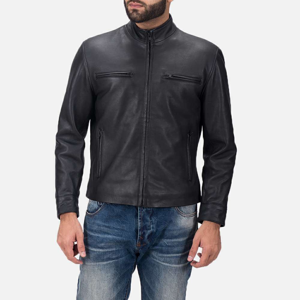 Black Leather Cafe Racer Jacket with Four Zip Pockets